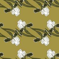 Decorative seamless pattern with white doodle iris flowers ornament. Green pale background. vector