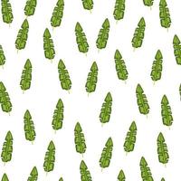 Isolated seamless pattern with small random green tropic banana leaves. White background. Nature print. vector