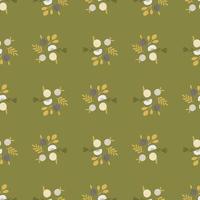 Cartoon seamless pattern with decorative apple shapes and foliage ornament. Green olive background. vector