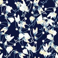 Seamless pattern Magnolias on dark blue background. Beautiful texture with spring white flowers. vector