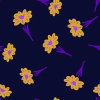 Seamless pattern with hand drawing wild flowers on dark blue background. Vector floral template in doodle style. Gentle summer botanical texture.