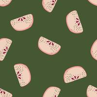 Bright summer random seamless food pattern with apple slices. Vegetarian pink fruits on green background. vector