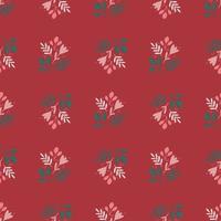 Folk traditional botanic seamless pattern with leaves branches in green and white color. Red background. vector