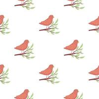 Nature isolated seamless pattern with red bird simple silhouette and green leaf branches ornament. vector