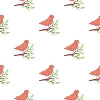 Nature isolated seamless pattern with red bird simple silhouette and green leaf branches ornament. vector