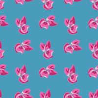 Summer hand drawn pink orchid flowers seamless doodle pattern. Blue background. vector