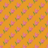 Bright bloom seamless pattern with little pink chrysanthemum flowers ornament. Orange background. vector