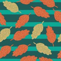 Random seamless pattern with orange and beige colored fall foliage. Blue striped background. vector