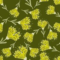 Cartoon random seamless pattern with yellow wildflowers ornament. Green olive background. vector