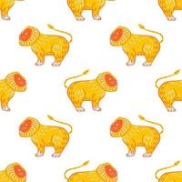 Isolated seamless pattern with bright yellow lions ornament. White background. Wildlife safari shapes. vector