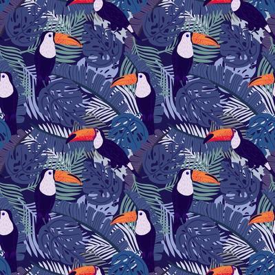 Seamless pattern toucans on botanical background. Abstract texture decoration with leaf monstera, palm and banana in blue color. Fashion of summer nature jungle for print.