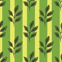 Botanic seamless pattern with leaf branches ornament. Green striped background. Herbal shapes. vector