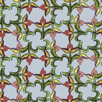 Decorative abstract seamless pattern with green and pink tulip flowers shapes. Blue background. vector