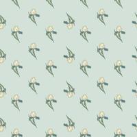 Little iris flower ornament seamless pattern in nature style. Light blue background. vector