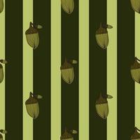 Autumn season seamless pattern with simple acorn shapes. Green striped background. Floral forest print. vector