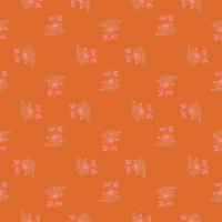 Geometric style seamless pattern with pink doodle yarrow silhouettes print. Orange bright background. vector