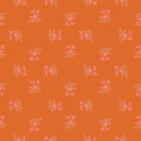 Geometric style seamless pattern with pink doodle yarrow silhouettes print. Orange bright background. vector