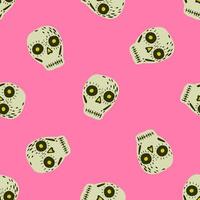 Bright seamless pattern with hand drawn skulls scary print. Pink backgrond. Cartoon horror backdrop. vector