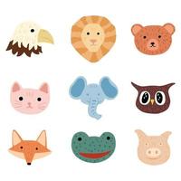 Set face character animals on white background. Abstract head lion, eagle, bear, cat, elephant, fox, frog and pig in doodle style. vector