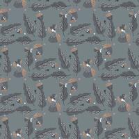 Pale seamless doodle pattern with leaves and acorns silhouettes. Grey colored nature backdrop. vector