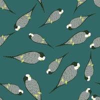 Random seamless doodle pattern with cartoon grey parrot silhouettes. Turquoise background. Simple design. vector