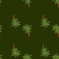 Minimalistic style seamless pattern with green tree palm ornament. Dark olive background. Doodle style. vector
