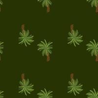 Minimalistic style seamless pattern with green tree palm ornament. Dark olive background. Doodle style. vector