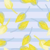 Random seamless pattern with doodle simple yellow lotus bud ornament. Blue light striped background. vector