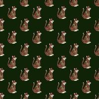 Dark animal exotic seamless pattern with doodle brown tiger print. Green background. Zoo backdrop. vector