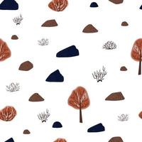 Seamless pattern trees and stones on white background. Abstract texture decoration from tree, rock and bushes. vector