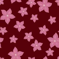 Seamless random pattern with pink colored tropic flowers shapes. Maroon background. Decorative artwork. vector