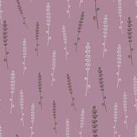 Random herbal aroma seamless pattern with doodle lavender branches shapes. Purple pastel background. vector