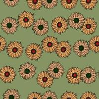 Seamless pattern sunflowers on green background. Beautiful texture with yellow and pink sunflower and leaves. vector