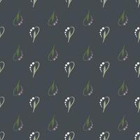 Abstract style seamless pattern with little lily of the valley shapes. Pale dark blue background. vector