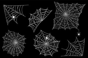 Set spider web isolated on black background. Spooky Halloween cobwebs with spiders. vector