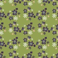 Bloom seamless pattern with doodle flowers blue ornament on light green background. vector
