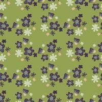 Bloom seamless pattern with doodle flowers blue ornament on light green background. vector