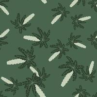 Botanic seamless random pattern with hand drawn palm tree ornament. Green background. Simple design. vector