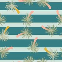 Cartoon hand drawn seamless nature pattern with botanic palm tree random print. Blue striped background. vector