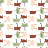 Seamless pattern umbrellas animals on white background. Funny cartoon characters bunny, frog and bear. vector
