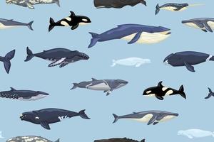 Seamless pattern whales on blue background. Print of cartoon characters of ocean in Scandinavian style for children. Repeated texture with marine mammals. vector