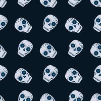 Vintage seamless pattern with mexican decoration skull elements. Navy dark blue background.