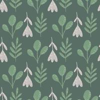 Folk flower and branches silhouettes seamless doodle pattern. Vintage pale print in green colors. vector