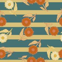 Seamless random pattern with summer field sunflowers silhouettes in orange tones. Blue striped background. vector