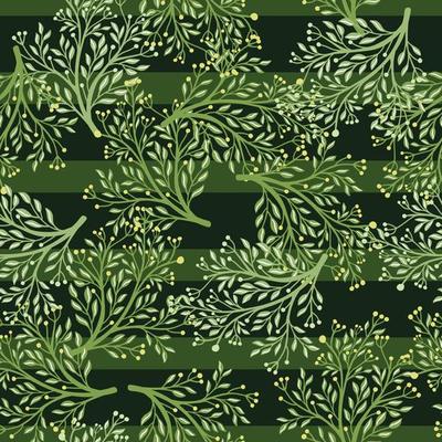 Seasonal spring abstract seamless pattern with random shrub silhouettes shapes. Green striped background.