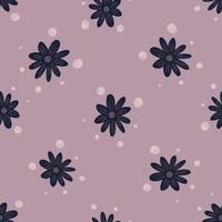 Organic seamless pattern with navy blue flowers doodle print. Lilac background. with bubbles shapes. vector