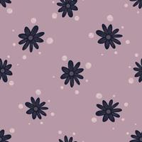 Organic seamless pattern with navy blue flowers doodle print. Lilac background. with bubbles shapes. vector