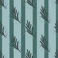 Seamless pattern fir twig on blue striped background. Vector geometric template in doodle style. Christmas forest texture.