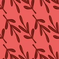 Maroon red abstract leaves twig print seamless pattern. Pink background. Doodle style. vector