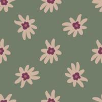 Nature seamless pattern with pink pale flowers ornament. Green background. vector